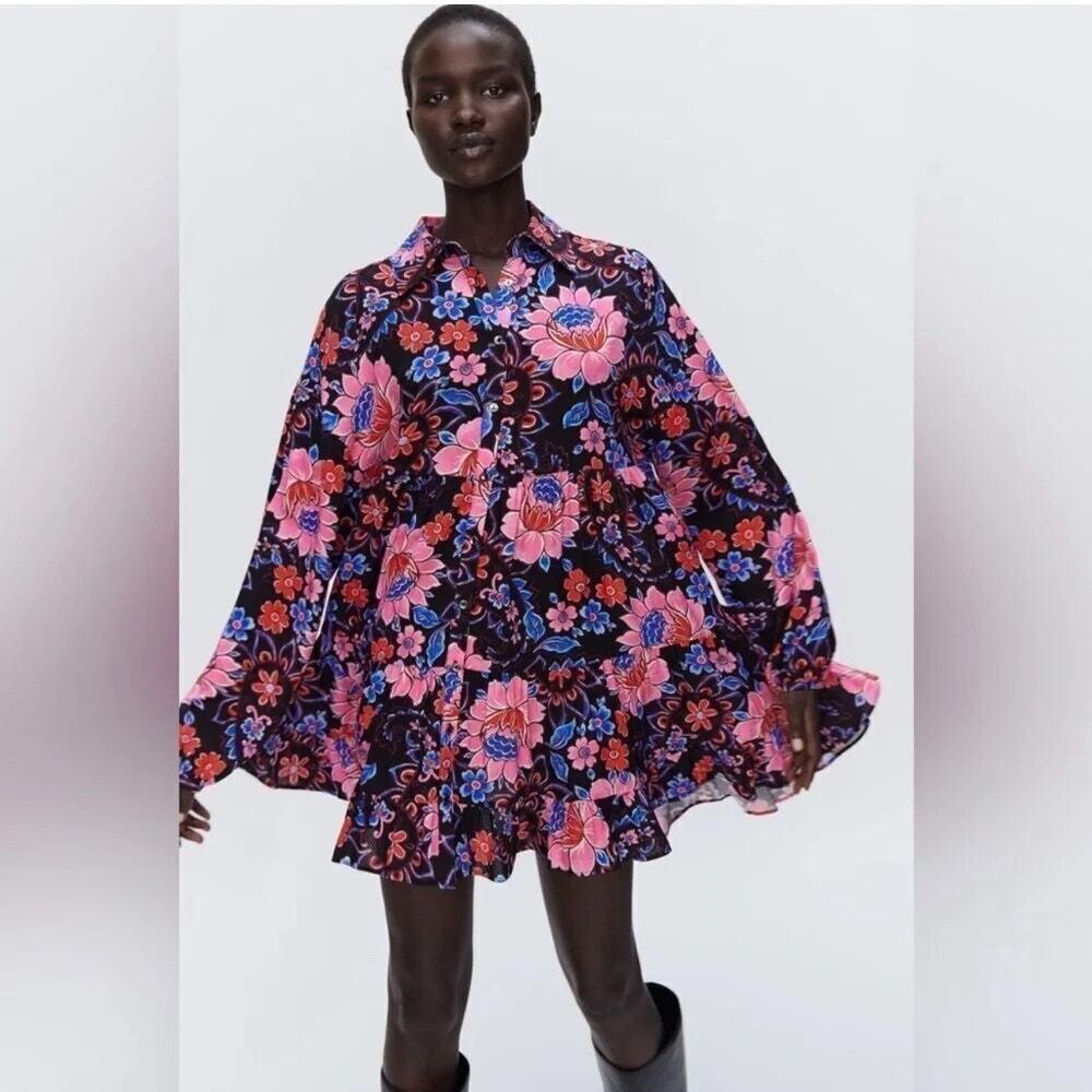 Zara Black Pink Floral Paisley Tiered Babydoll Swing Mini Shirt Dress SZ S